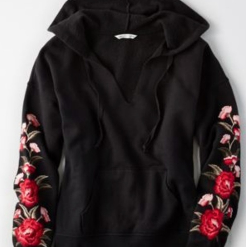 Black Hoodie with Rose Embroidery